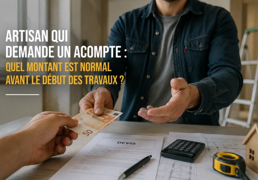 Un artisan présente un devis et demande un acompte avant le début de travaux de rénovation à un client.