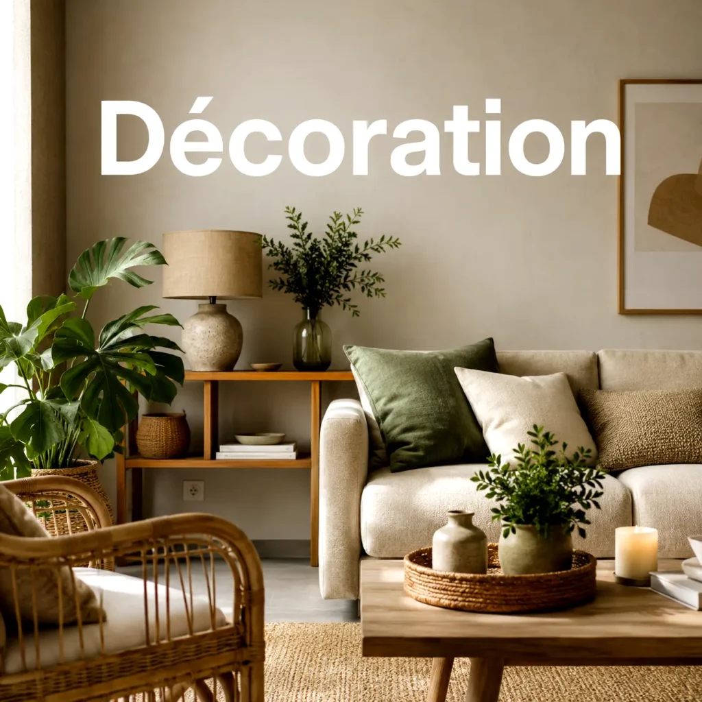 Salon chaleureux avec canapé, plantes vertes et décoration naturelle
