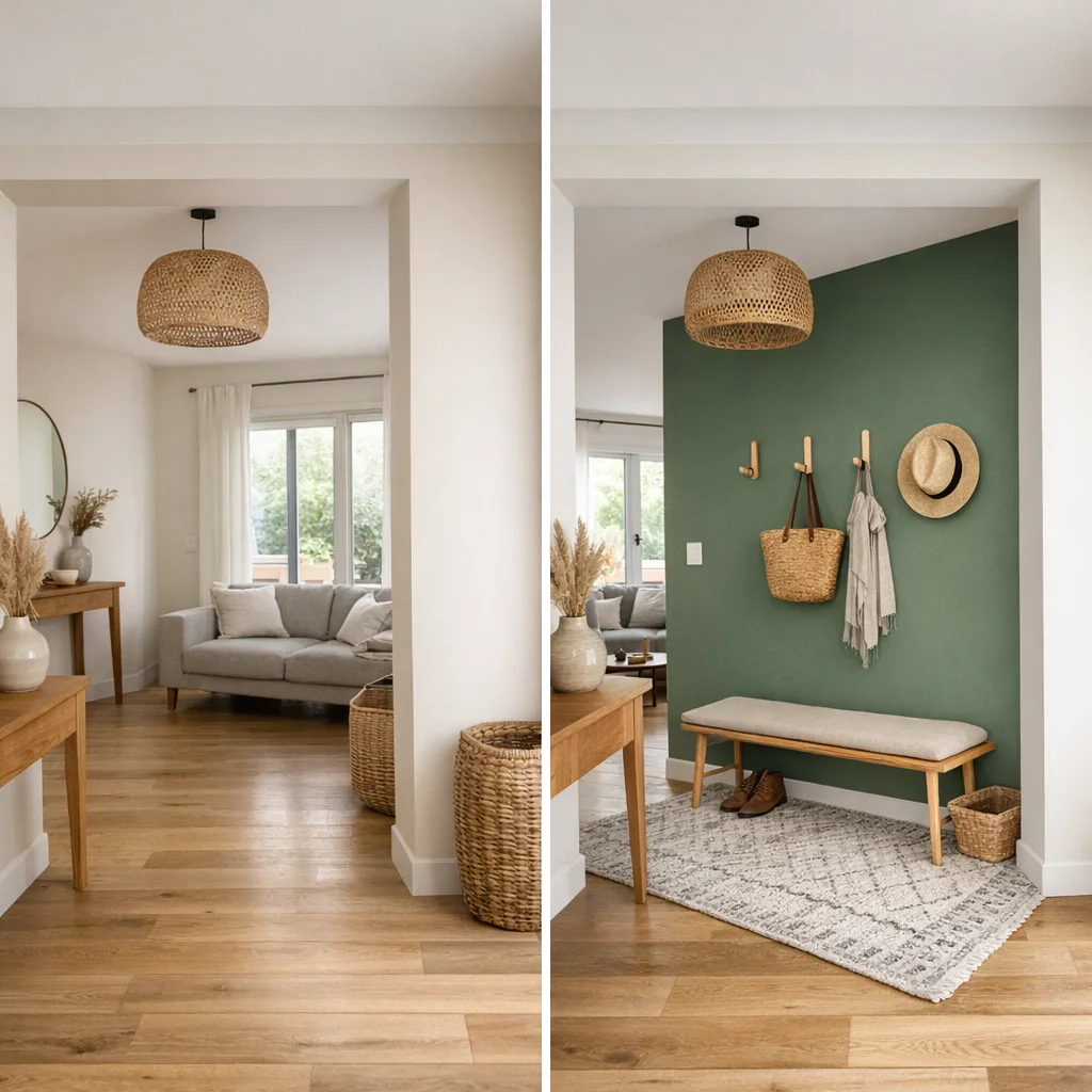 Entrée ouverte sur salon aménagée avec tapis, banc et patères