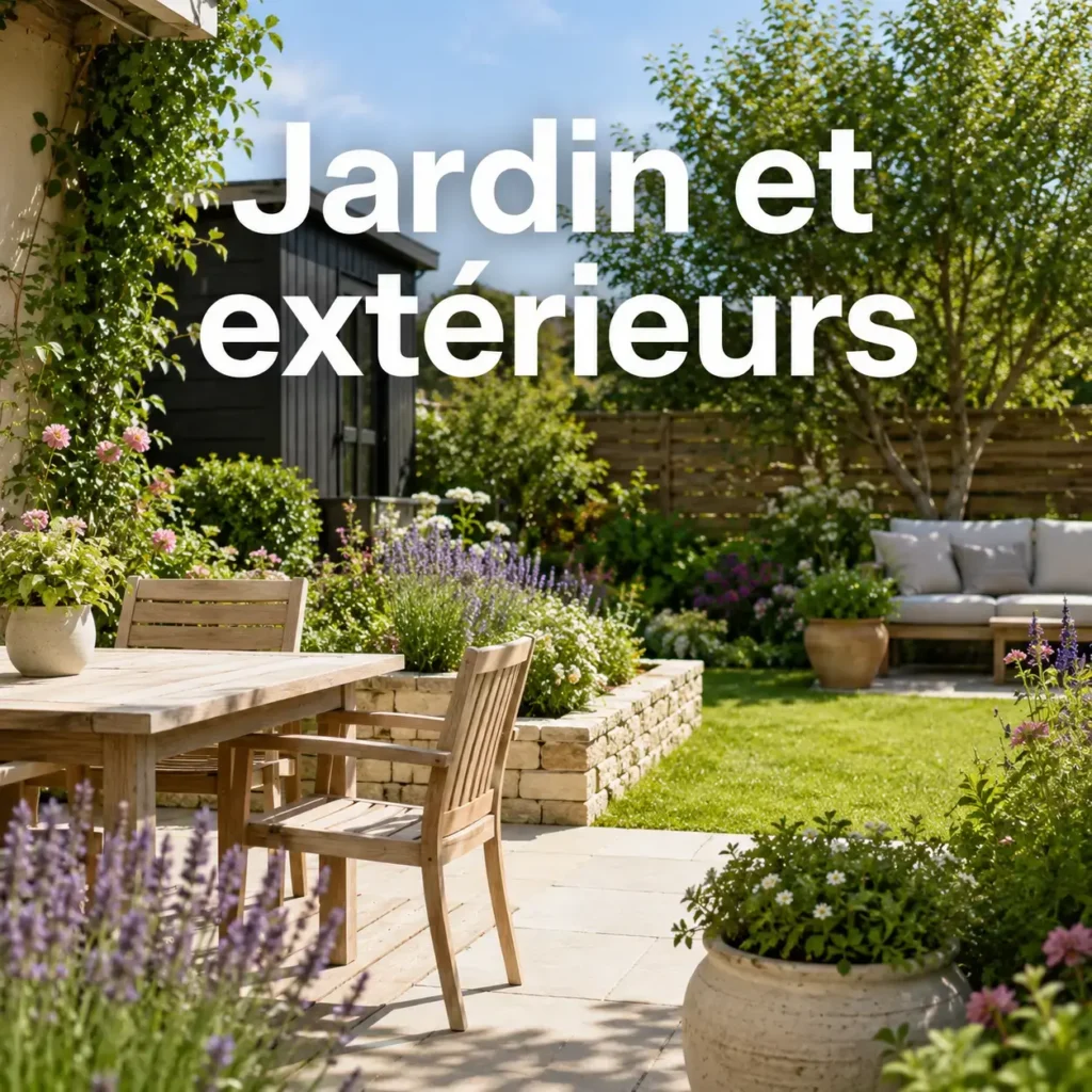 Jardin aménagé avec terrasse, mobilier extérieur, fleurs et végétation