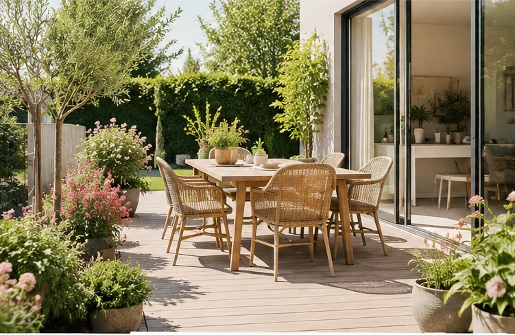 Terrasse en bois aménagée avec mobilier extérieur, végétation et jardin fleuri