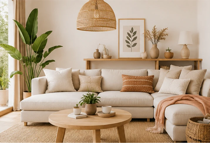 Salon lumineux aménagé avec canapé beige, mobilier en bois et décoration naturelle