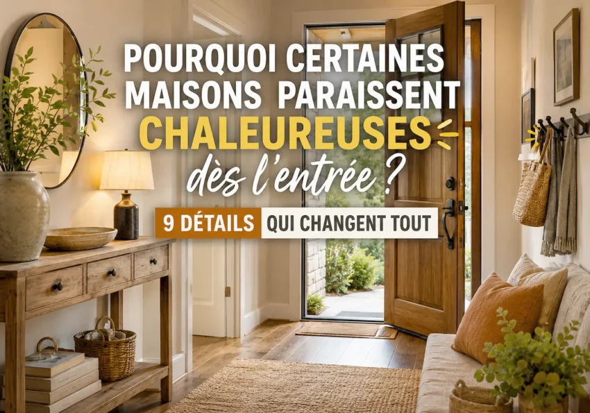 Entrée de maison chaleureuse avec éclairage doux, matières naturelles et décoration accueillante.