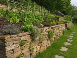 Muret de soutènement en pierres sèches avec plantations et légumes cultivés sur un potager en pente afin de retenir la terre, limiter l'érosion et créer des terrasses de culture durables.
