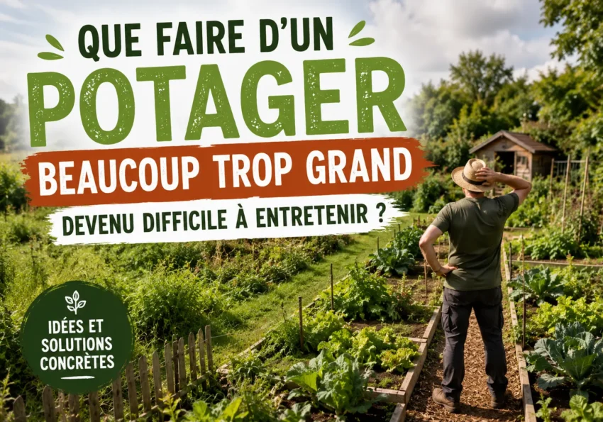 Grand potager familial devenu difficile à entretenir avec plusieurs planches de culture, un jardinier observant les lieux et des rangées de légumes.