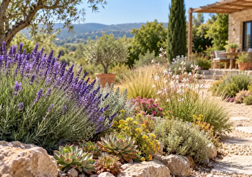 Vue principale d'un jardin fleuri en fin d'été dans le sud de la France